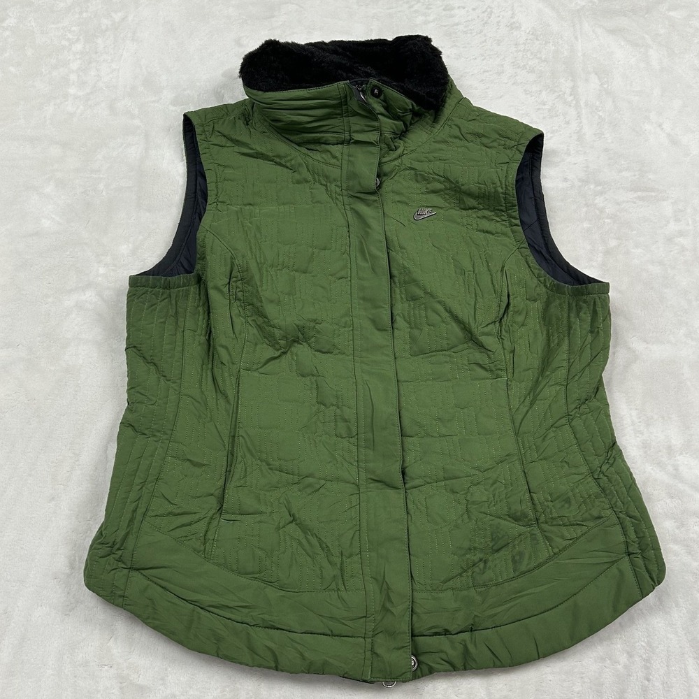 Nike Puffer Vest womans Large L 12-14 Green Quilted Faux Fur Collar Full Zip